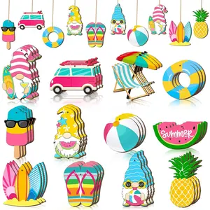 36 Pcs Summer Wood Hanging Ornaments for Tree Mini Tree Decorations Hawaiian Beach Wooden Pendant Decorations with String for Luau Party Supplies Cute Style