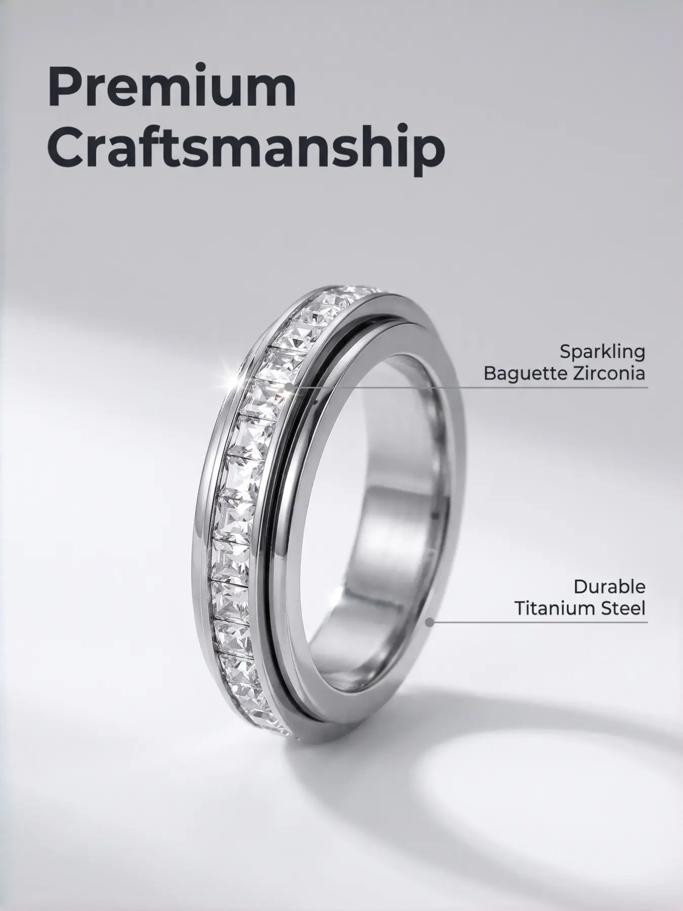 Alone Luna Anxiety Ring, Unisex Titanium Steel Rotatable High-Colorfast Vacuum Plated Diamond Ring, Stress Relief Band, Sizes 6-11