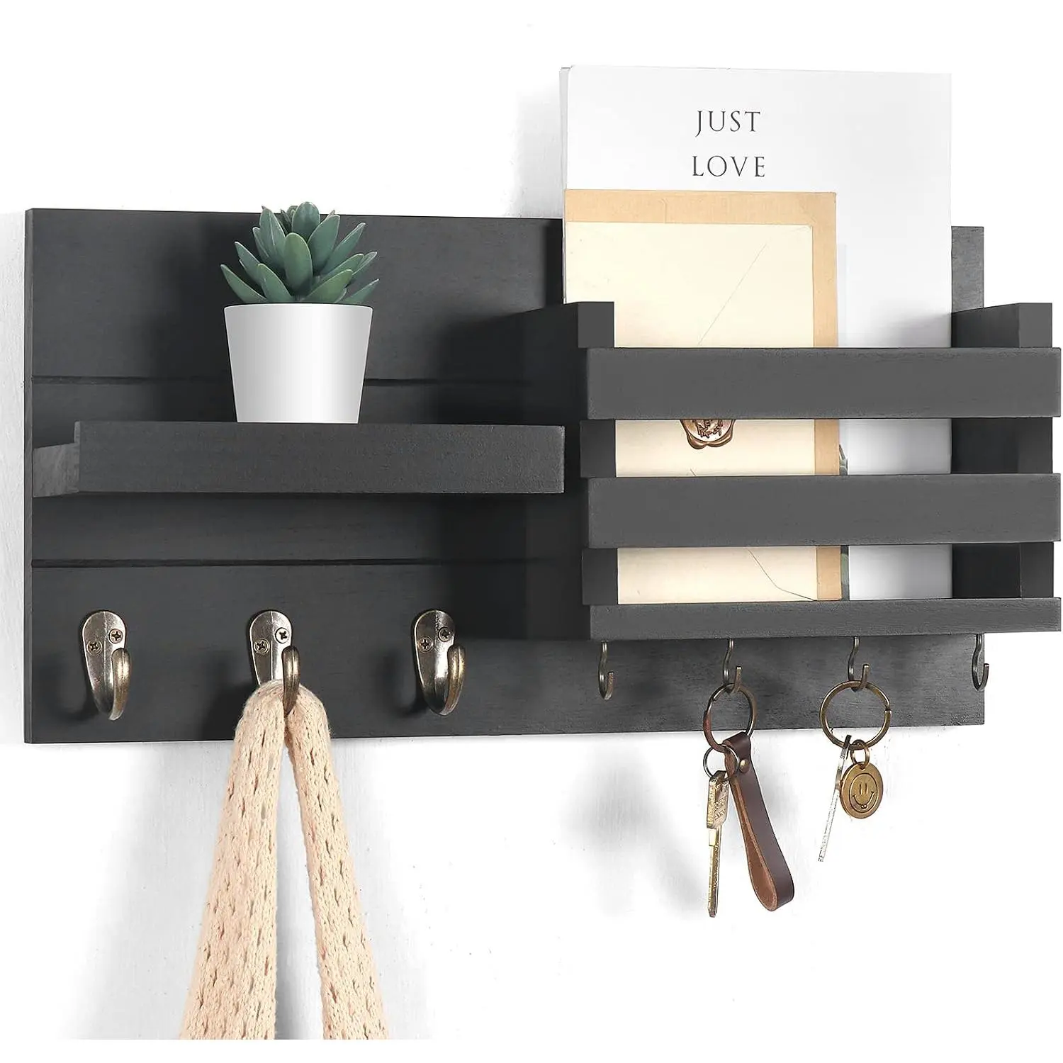 Mail Organizer for Wall Mount – Key Holder with Shelf Includes Letter Holder and Hooks for Coats,  Leashes – Rustic  with Flush Mounting Hardware (16.5” x 8.7” x 3.5”)