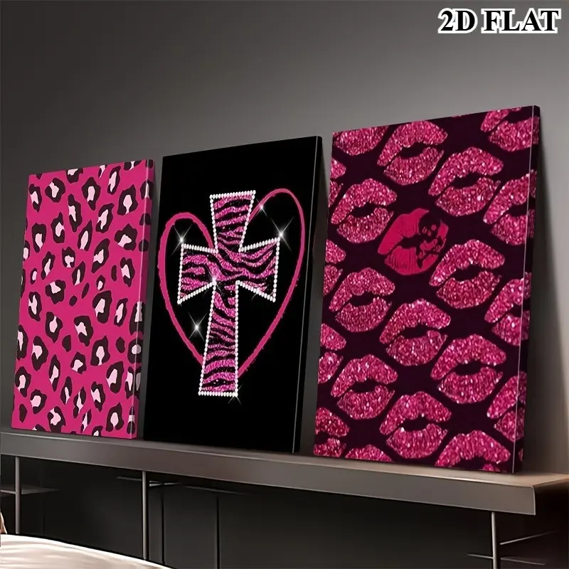 2D Flat, 2D Flat, 3pcs 2D Flat Y2K Style Posters And Prints - Pink And Black Glossy Heart And Lip Wall Art, Modern Pop Art Decor, Suitable for Bedroom, Dining Room - Women'S Apartment Decoration, Valentine'S Day And Christmas Decor Unframed