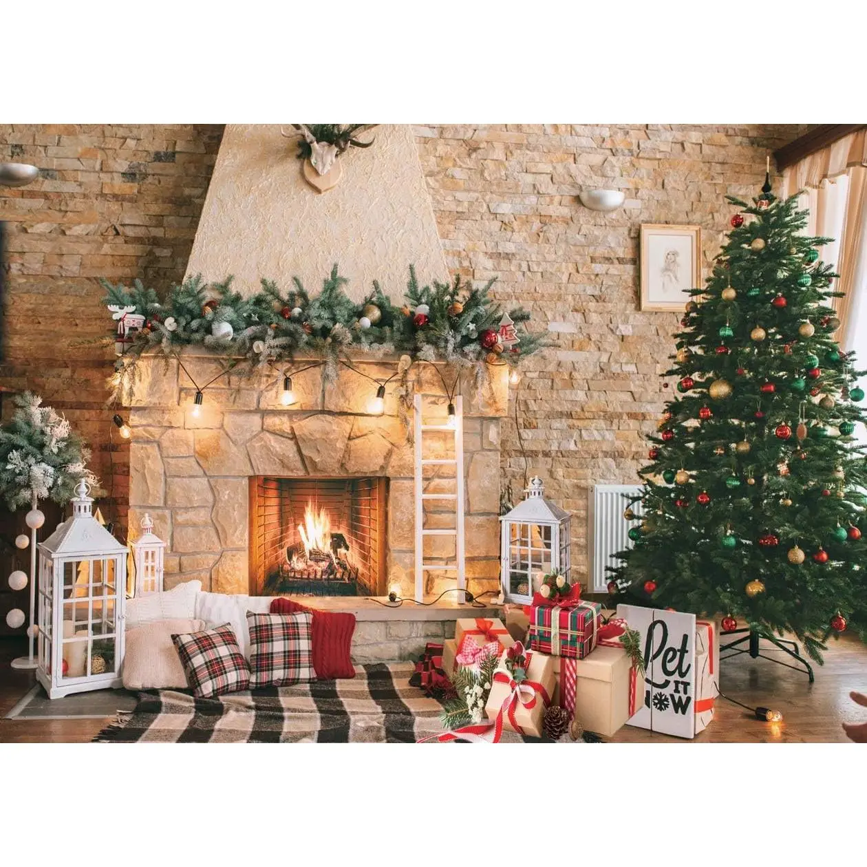 7x5ft Christmas Fireplace Theme Backdrop Christmas Photography Backdrop Merry Xmas Sock  Decorations Family Party Supplies Banner Booth Props