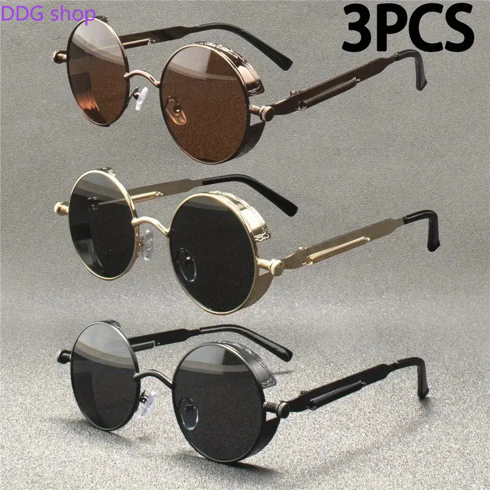 3 Pack Vintage Steampunk Sunglasses for Men Women Unisex Classic Round Metal Frame UV400 Protection Lightweight Fashion Shades for Daily Wear Travel Street Style Outdoor & Party Eyewear, Sunglasses For Women, Men's Sunglasses