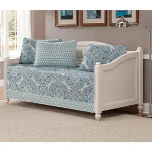 5pc Day Bed Cover Modern Reversible Grey New (Medalion Blue)