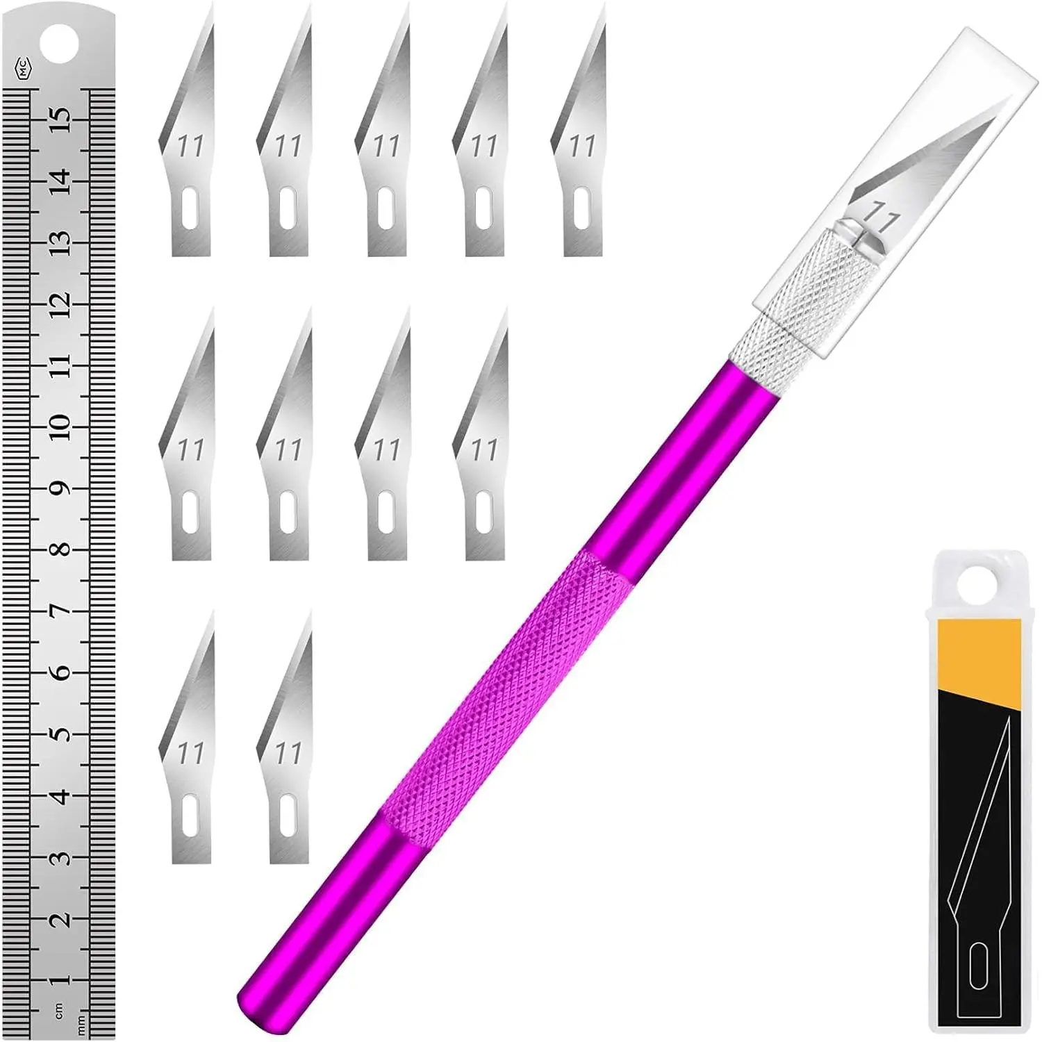 Craft Knife with 10 Extra # 11 Blades, Precision Hobby Knife Set with Steel Ruler, Exacto Knife for Crafting, Polymer Clay, Pottery, Paper, Vinyl, Stencil & Model Making (Purple)