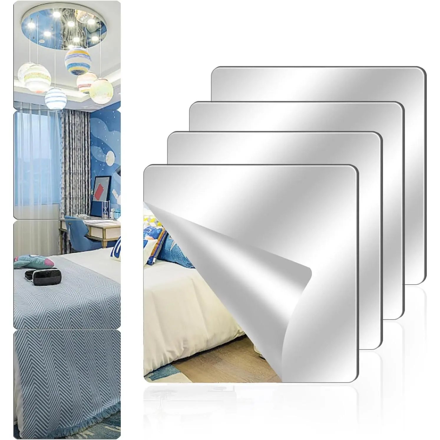 4 Pack 8" x 8" Self-Adhesive Frameless Acrylic Mirror Tiles, Flexible Plastic Mirror Sheets for Home Wall Decor, Bedroom, Gym, DIYGift