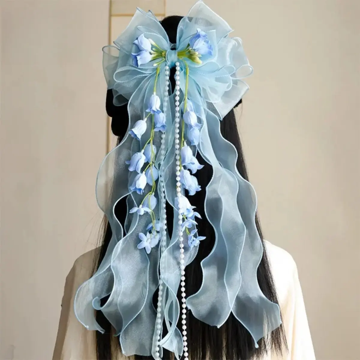 Sweet Lily of the Valley Hair Bow with Long Ribbon Tail, Vintage-Inspired Hairpin, Doubles as a Bag Scarf or Luggage Twilly Charm for Women, Flower Hair Clip, Bows For Hair
