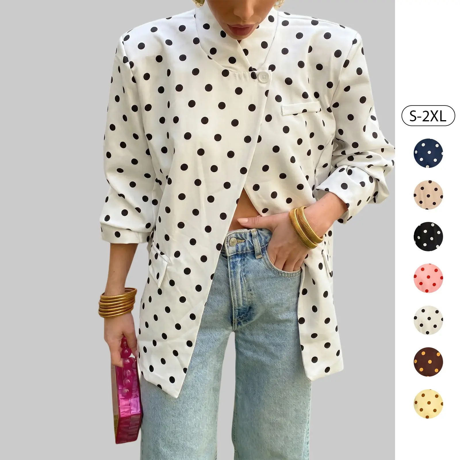 Tankaneo Womenss Polka Dot Blazers Jackets Trendy Casual Long Sleeve Open Front Suits Lightweight Business Work Coats