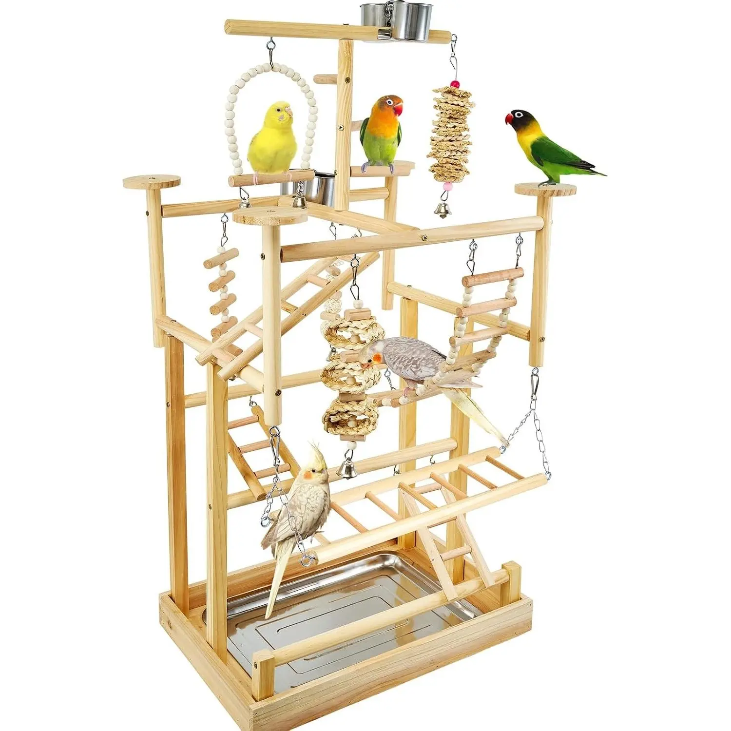 Natural Wood Parrot Playstand Bird Playground with Perches, Bird Play Gym & Accessories, Removable Tray & 4 Stainless Steel Cups