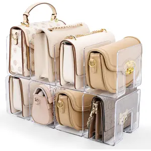 2 Pack Acrylic Purse Organizer for Closet, 8-Slot Bag & Purse Organizer, No Assembly, Clear Handbag Storage Shelf .for Shelf Divider Handbags, Clothes, Sweater