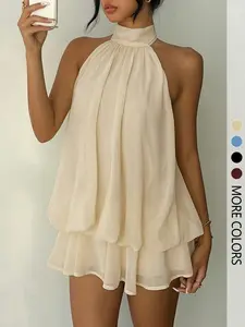 Women's Simple Solid Backless Halter One-Piece Jumpsuit, Elegant Ruffle Design, Perfect for Casual Wear, All Seasons Fashion