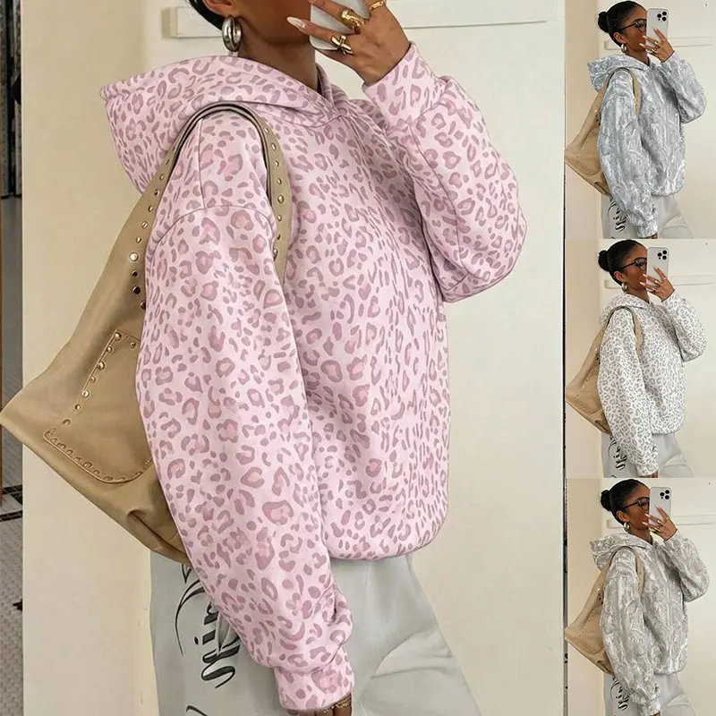 Women's Leopard Print Oversized Y2K Streetwear Hoodie - Casual Cozy Pullover, Casual Hooded Sweatshirts, Warm Outerwear Hoodie, Long Pullover, Drop Shoulder, Fall Winter Everyday Loungewear Aesthetic Basic Essential Tops