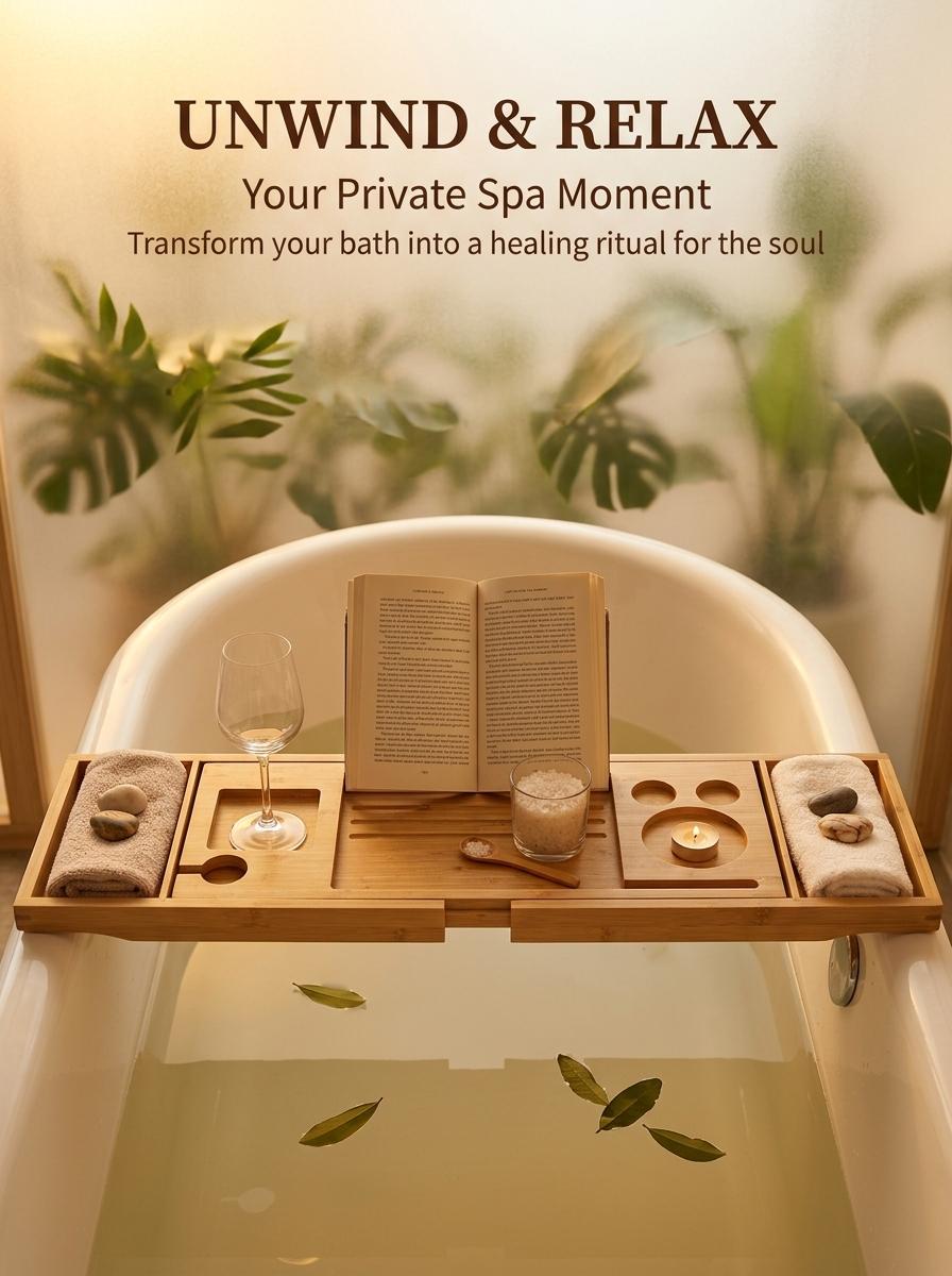 Luxury Bamboo Bathtub Caddy Tray - Expandable Bath Table with Wine Glass Holder & Book Reading Rack - Spa Aesthetic Bathroom Decor