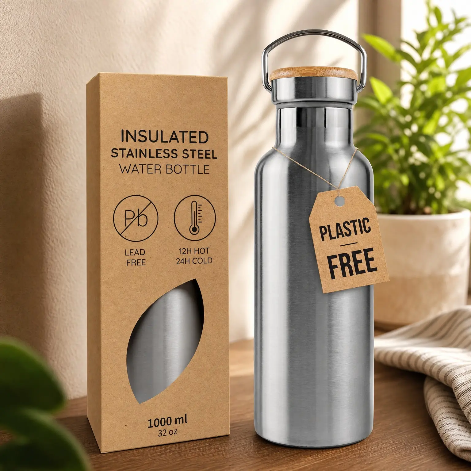 Stainless Steel Insulated Water Bottle 32 oz with Handle & Wide Mouth, Rust-Resistant Metal, Durable & Great for Travel (Natural Steel)Gift
