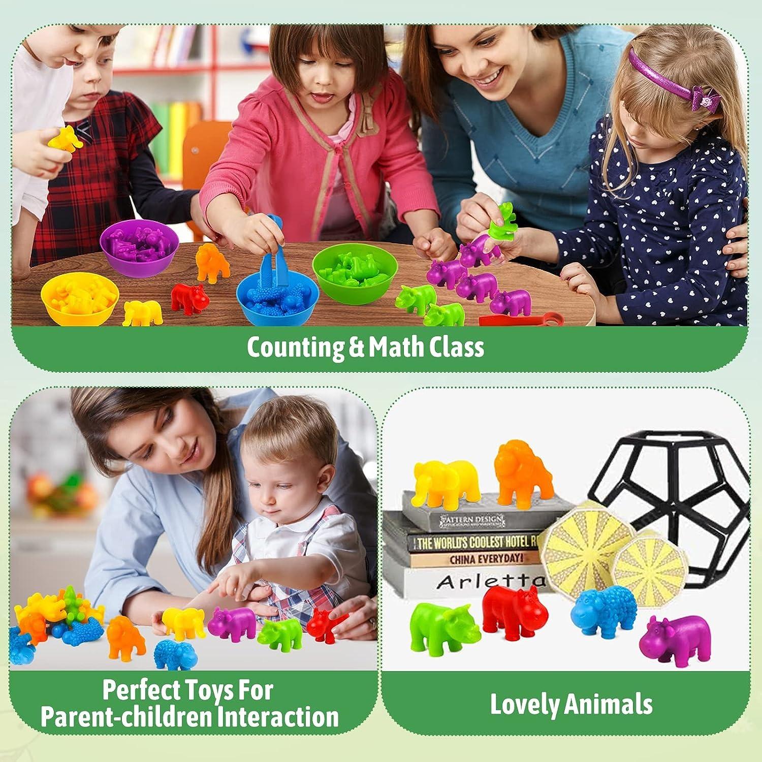 Counting Animal Toys Matching Game with Sorting Bowls, Preschool Learning Activities, Montessori Sensory Fine Motor Toys Set for Math Color Sorting, Shape Sorter