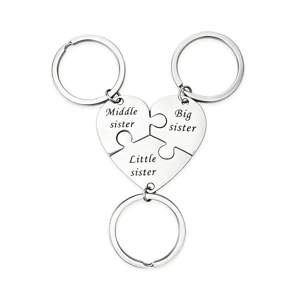 Sibling 3-Piece Matching Heart Keychains (1.18in) - Big, Middle, Little Sister Charm Set, Durable Daily Car Clip Fashion Accessory, Birthday Gift, Fade Resistant, Holiday, Birthday Gift Ideas, Matching Sets, Heart Shape, Polished Metal, Multipack, Heart K
