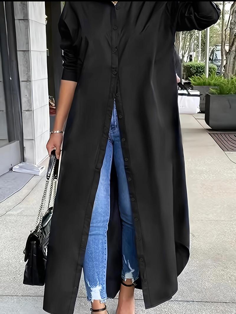Women's Solid Button Design Longline Shirt, Casual Chic Minimalist Long Sleeve Outerwear for Daily Wear, Ladies Clothes for All Seasons, Longsleeves Top, Casual Classy Elegant
