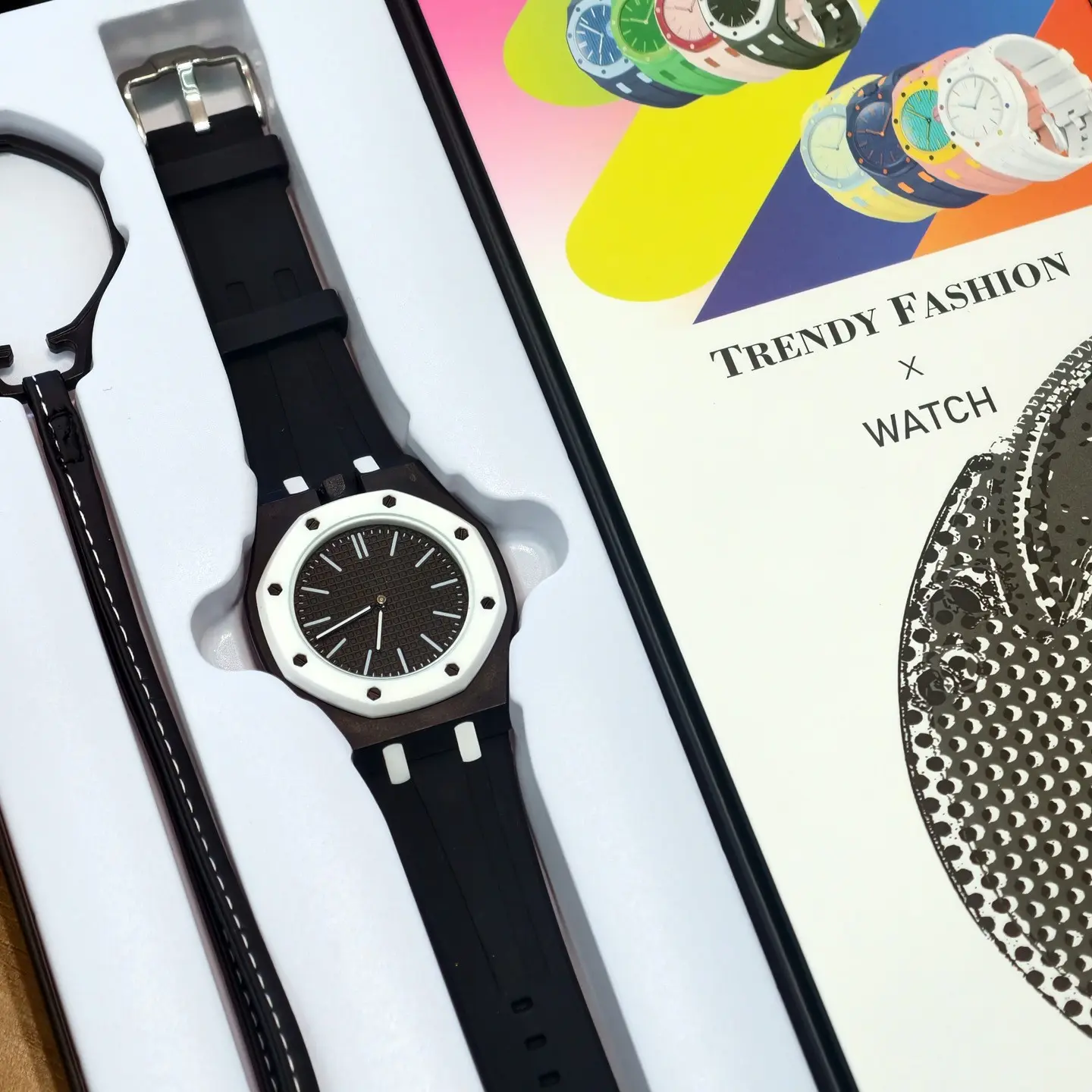 Trendy Octagon Silicone Watch Gift Set Minimal Dial Wristwatch & Decorative Pendant Pocket Watch Casual Fashion Accessory Gift