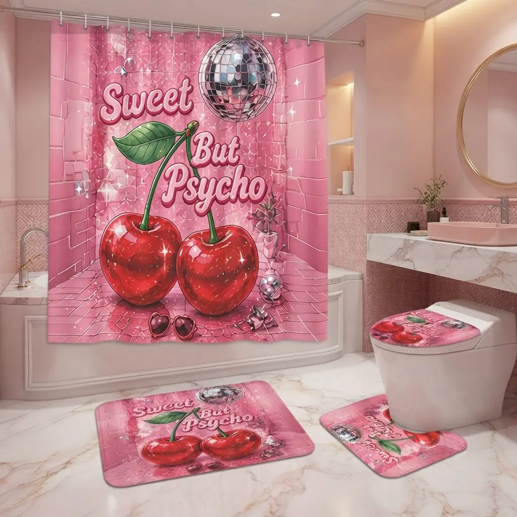 Sweet But Psycho Shower Curtain Set – Glossy Red Cherries with Disco Ball, Pink Glitter Brick Background & Retro Sunglasses, Y2K Glam Bathroom Decor for Party Lovers & Bold Fashion Statements
