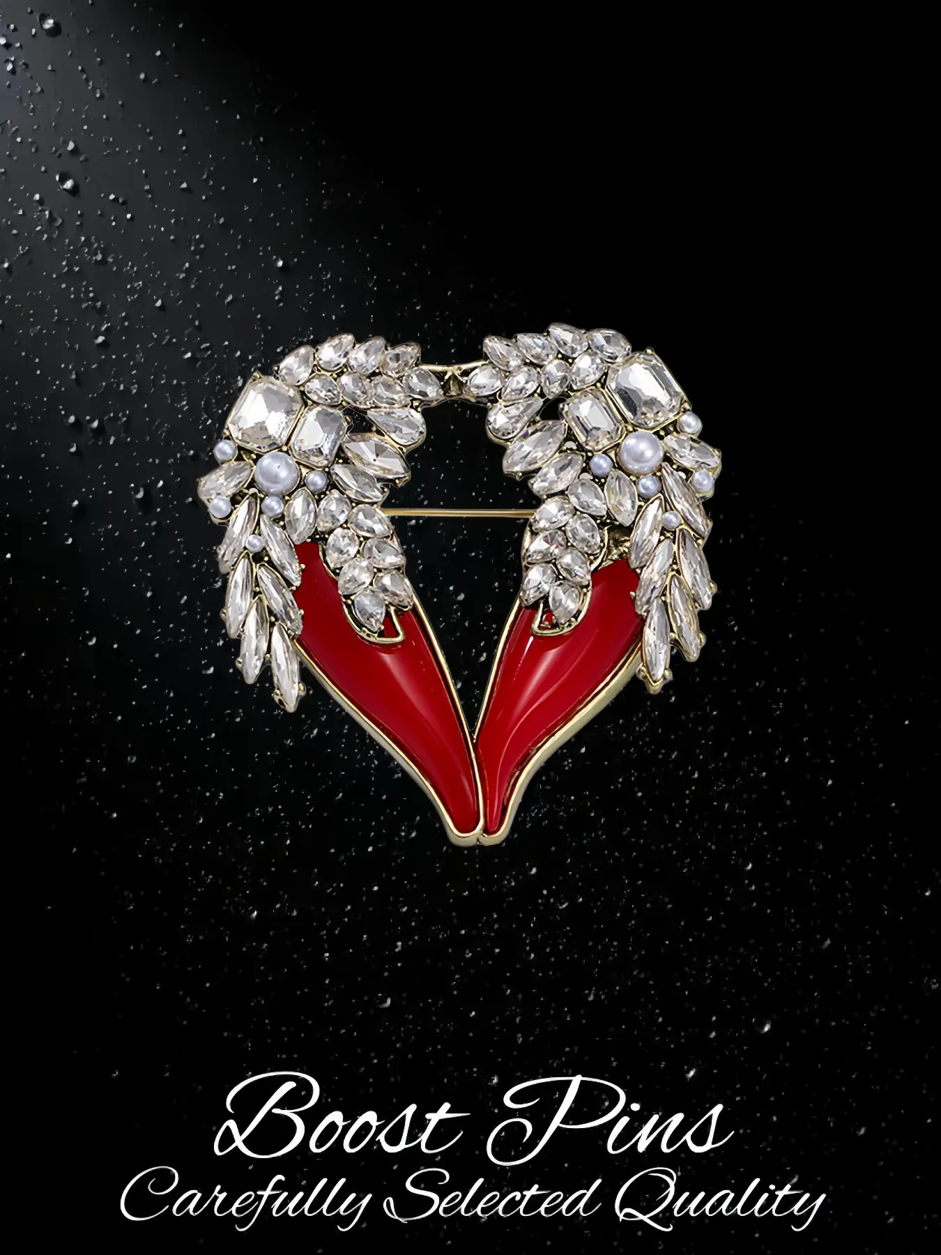 Red Enamel Wing Heart Brooch Clear Rhinestone Pearl Lapel Pin Vintage Crystal Love Heart Badge Elegant Women Jewelry For Suit Scarf Coat Hat Valentine Wedding Anniversary Birthday Gift For Her