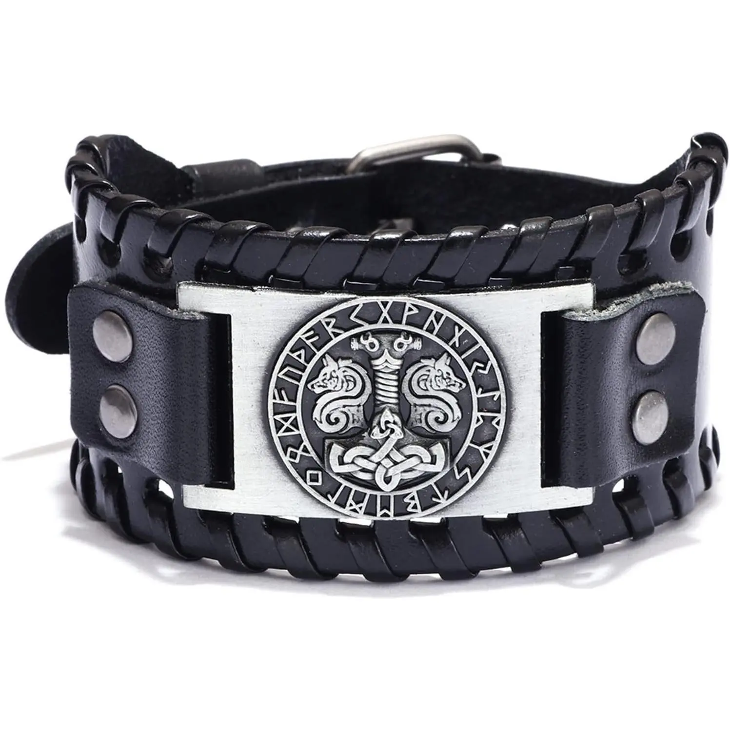 Leather Bracelet, Nordic Thor's Hammer Bracelet, Odin Runes Totem Wide Wristband, Celtic Knot Cuff Bangles,  Braided Bracelet,  Cowhide Bracelet for Men Women