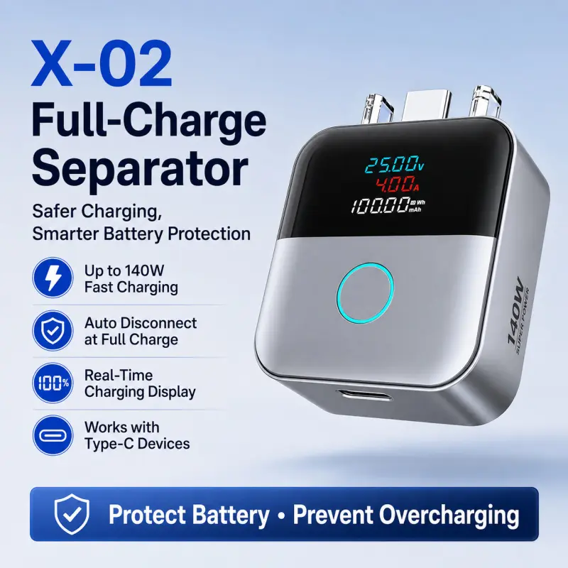 X-02 140W Type-C Full Charge Separator, Auto Disconnect Battery Protector Adapter Charger with Real-Time Voltage Current Power Display, Fast Charging Monitor for Phone Tablet Laptop
