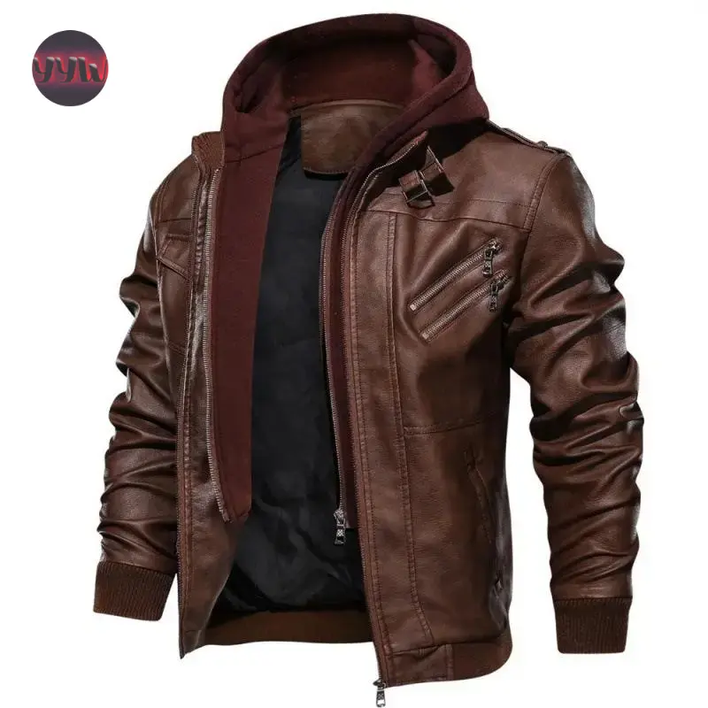YYW1 Men Brown Leather Motorcycle Jacket with Removable Hood Hoodie Casual