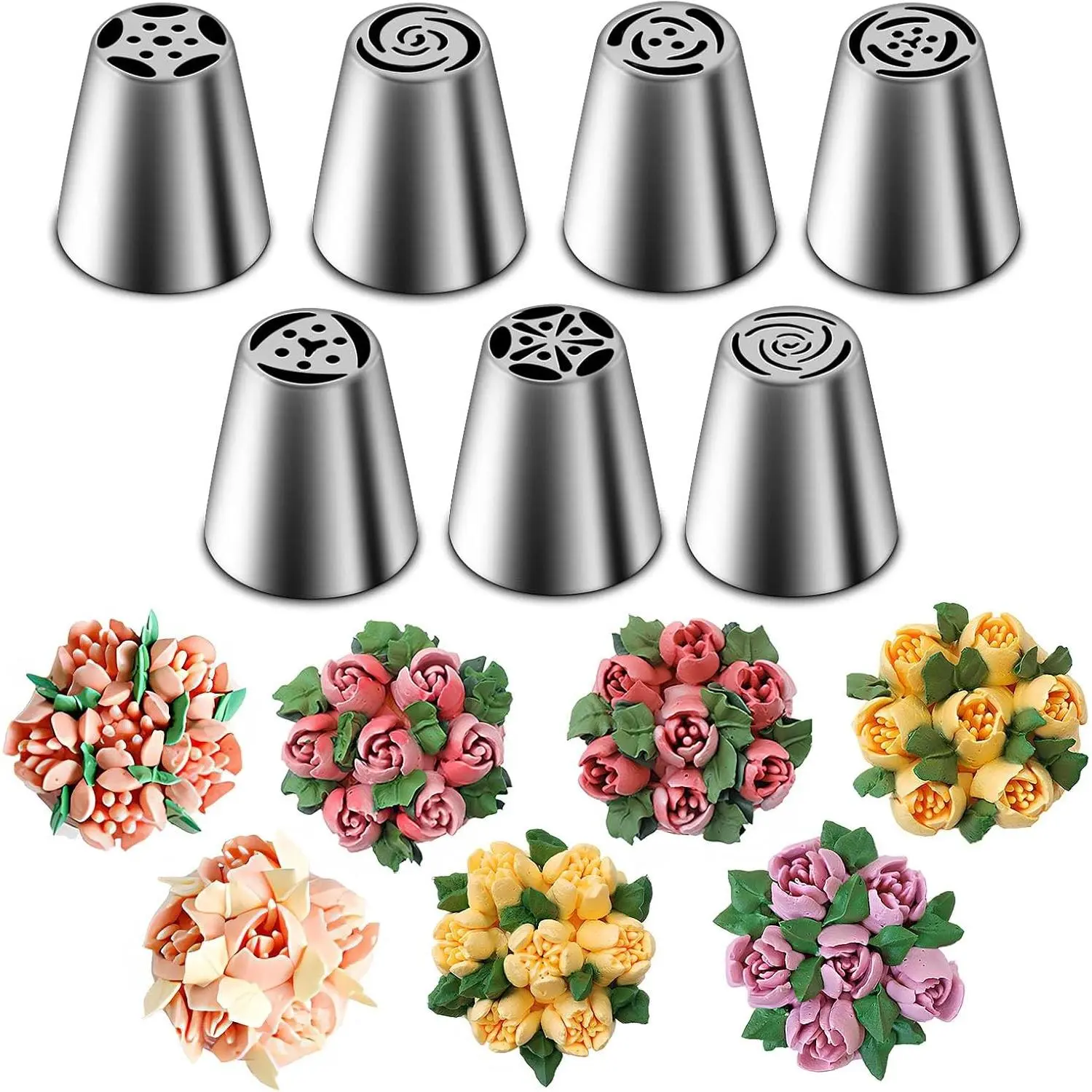 7-Piece Stainless Steel Russian Piping Tips Set, Flower-Shaped Frosting Nozzle Kit, Kitchen Gadget for Pastry, Desserts & Cakes Decorating