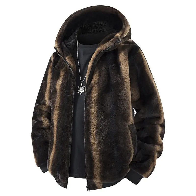 Men's winter zip-up hooded faux fur jacket, leopard print plush jacket, long-sleeve casual warm street jacket with pockets