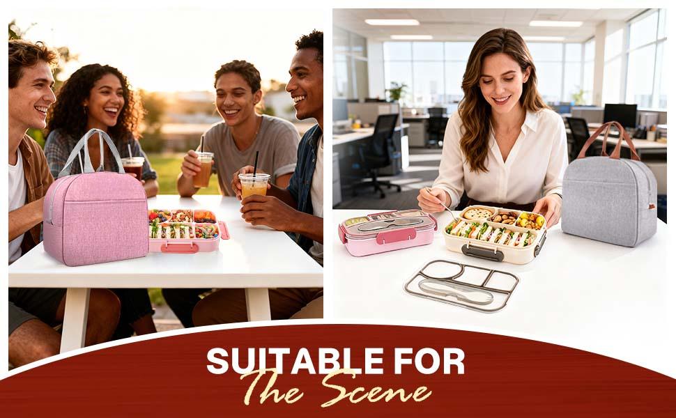 Bento Lunch Box Set Bento Box, 4-Compartment Lunch Containers,High Capacity Lunch Tote Bags for Work, Travel, Outdoor (Grey)