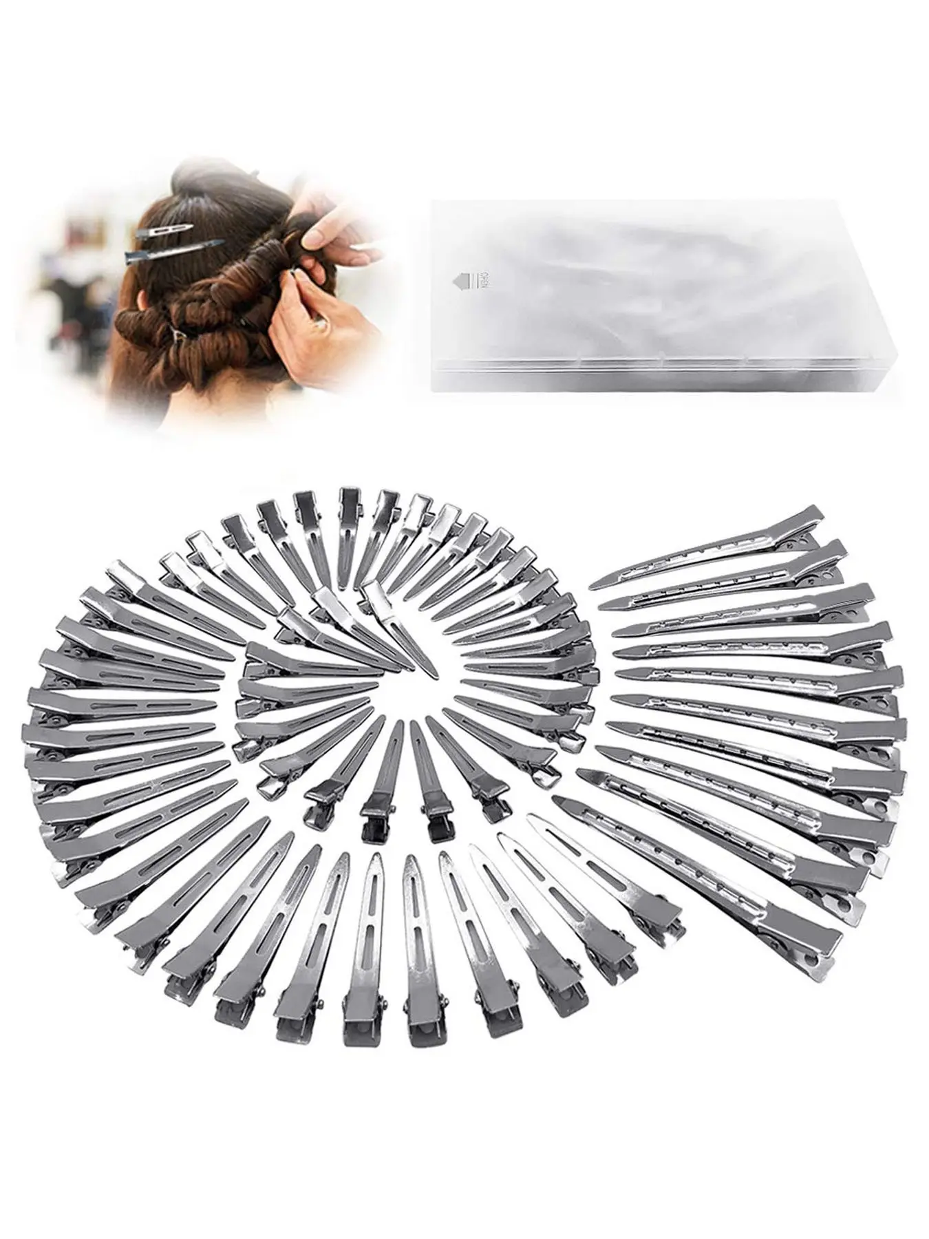60pcs Metal Duck Billed Hair Clips for Women, Silver Color Hair Pins for Long Hair, Alligator Curl Loc Clips for Thick Hair, Salon & DIY Bows, Decorative Hair Clips