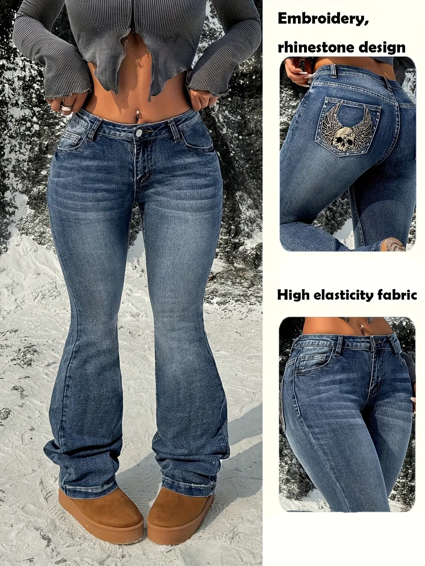 Women's Casual Embroidered Rhinestone Elastic Bell Bottom Pants, Stylish Long Trousers for Everyday Wear, Comfortable and Trendy
