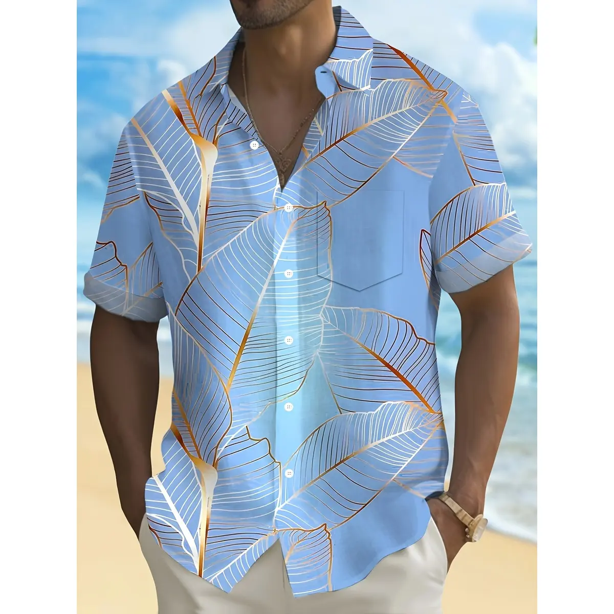 Men’s Tropical Leaf Print Short Sleeve Button Down Shirt, Lightweight Hawaiian Vacation Shirt with Chest Pocket, Relaxed Summer Beach Top for Cruise, Resort, Travel, Party, Holiday, Weekend and Everyday Casual Wear, Aqua Blue