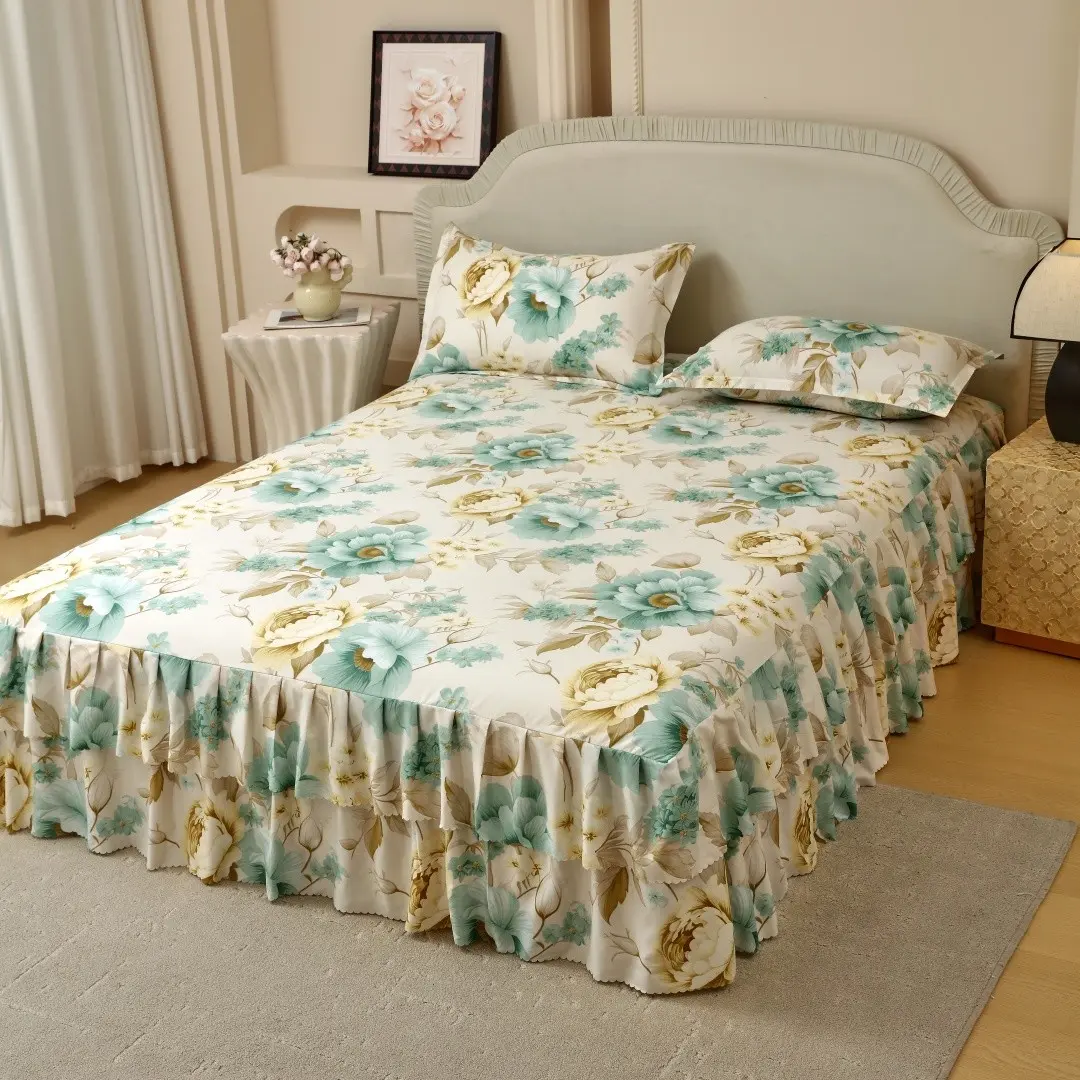 Floral Print Ruffled Edge Bed Skirt Set, 3 Counts/set Including 1 Bed Skirt & 2 Pillowcases without Filler, Comfy Bedding Set for Home Bedroom, Cozy Bedding Set, Christmas gift
