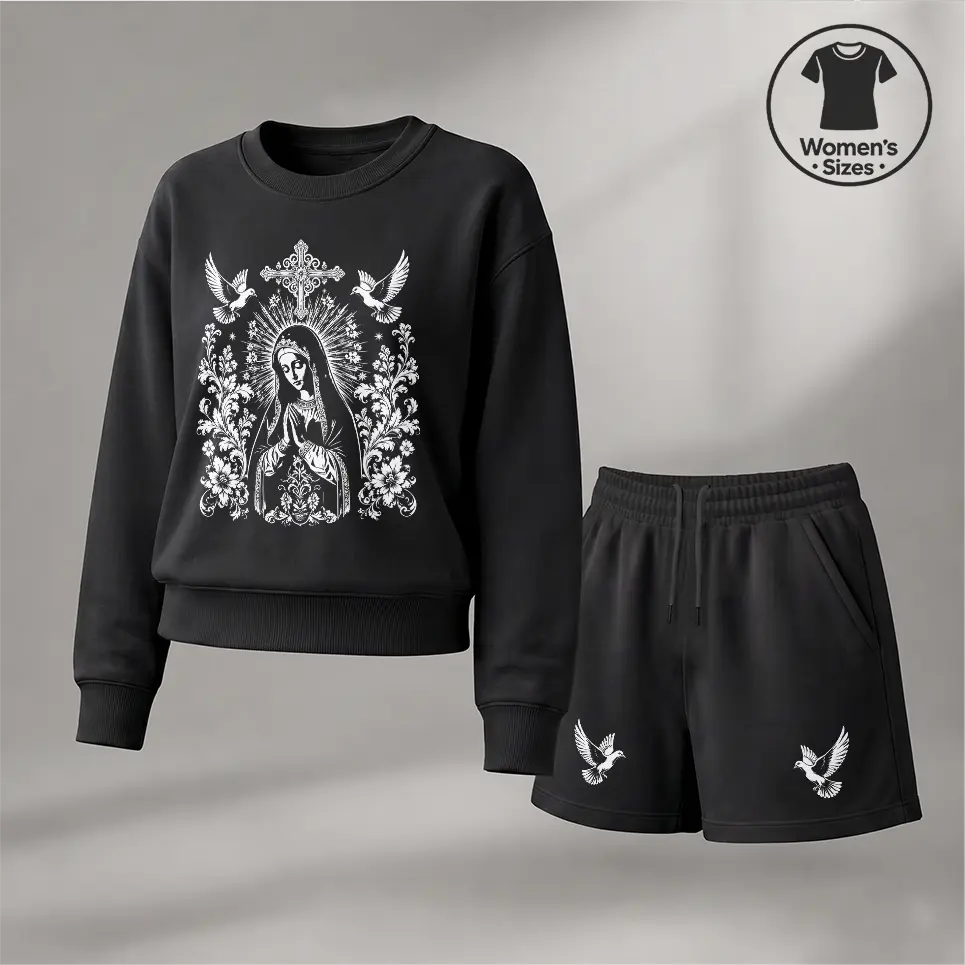 Women's Gothic Sweatshirt Shorts Set, Black Cropped Crewneck Pullover and Matching Shorts with Vintage Graphic Print, Dark Aesthetic Two Piece Outfit for Alternative Fashion, Streetwear Style, Casual Wear and Everyday Looks
