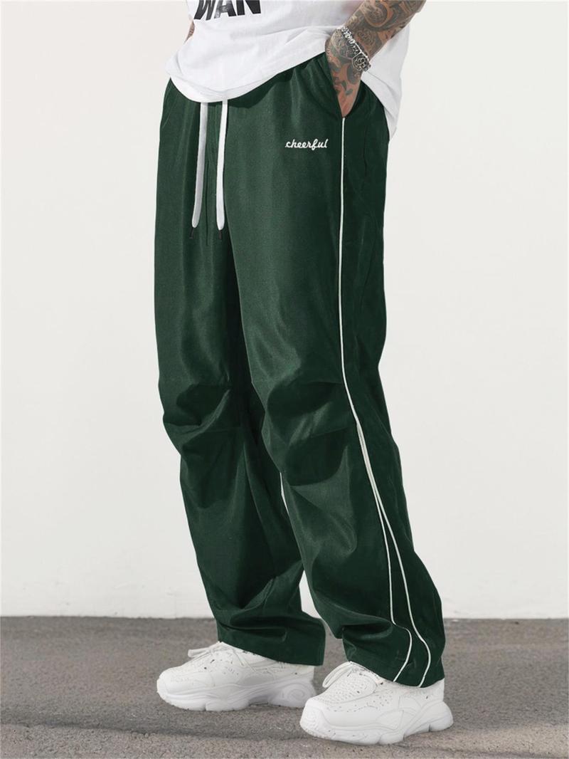 Men's Letter Embroidery Drawstring Waist Wide Leg Cargo Pants, Casual Comfy Pocket Trousers for Daily Wear, Woven Bottoms for All Seasons