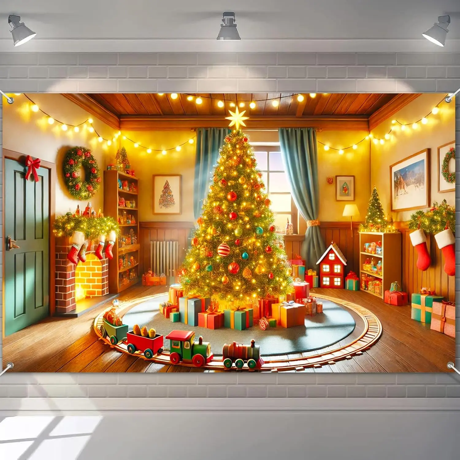 Fireplace Christmas Backdrop 71x43 in Stockings Decor | Christmas Photo Background, Winter Holiday Wall Banner for , Office and Photo Booth, Fireplace Scene