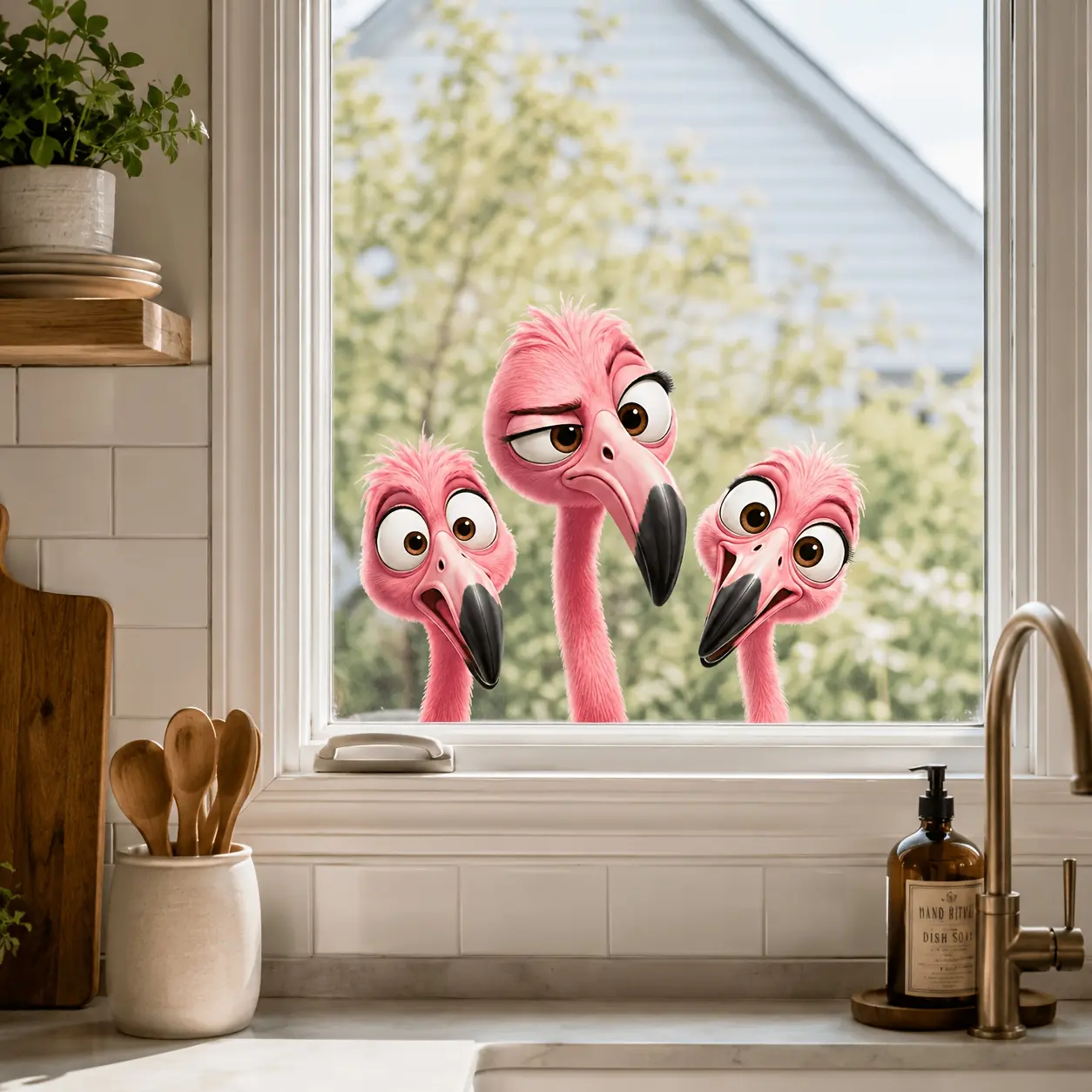 1 piece, waterproof and removable Pet material, funny cartoon flamingo window sticker, easy to apply and remove, leaving no residue, suitable for decorating kitchen/living room windows