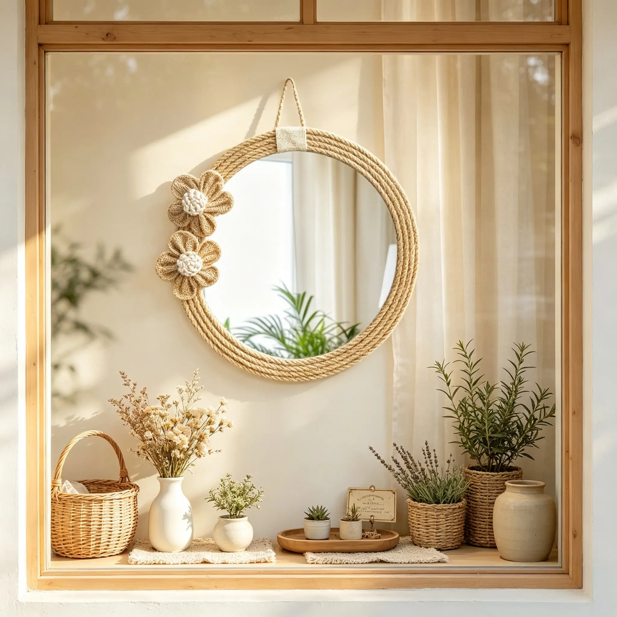 1pc Natural Rope Woven Flower Framed Hanging Wall Accent Mirror, Decorative Mirror, Boho Cottagecore Home Decor, High Definition Clear Mirror Surface, Ideal Wall Ornament for Apartment, Living Room & Small Space Decoration Enthusiasts
