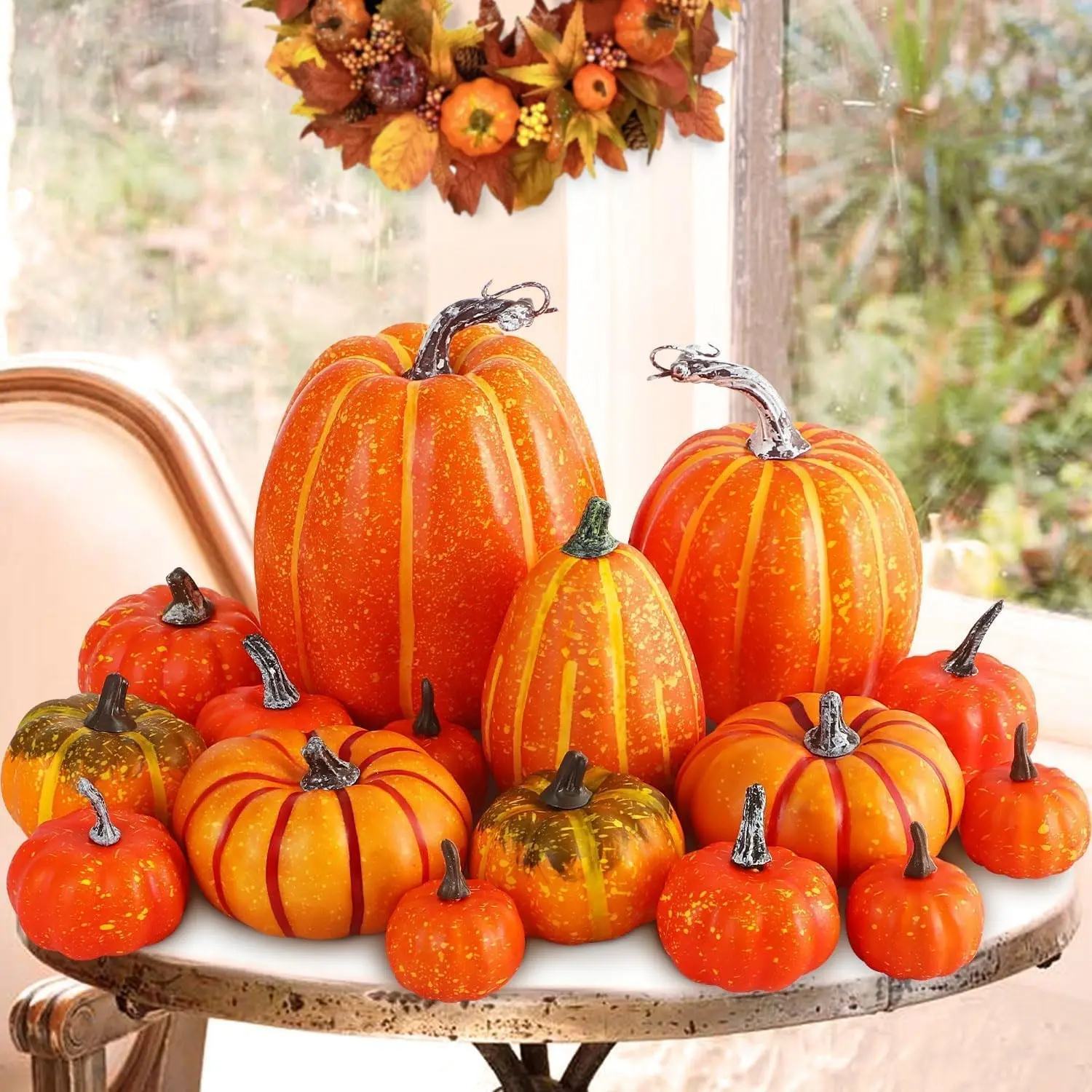 16-Piece Decorative Classic Shape Artificial Foam Plastic Pumpkins Set, Varied Sizes Orange Fall Decor for Halloween Autumn Harvest Festival, Home Tabletop & Outdoor Decor