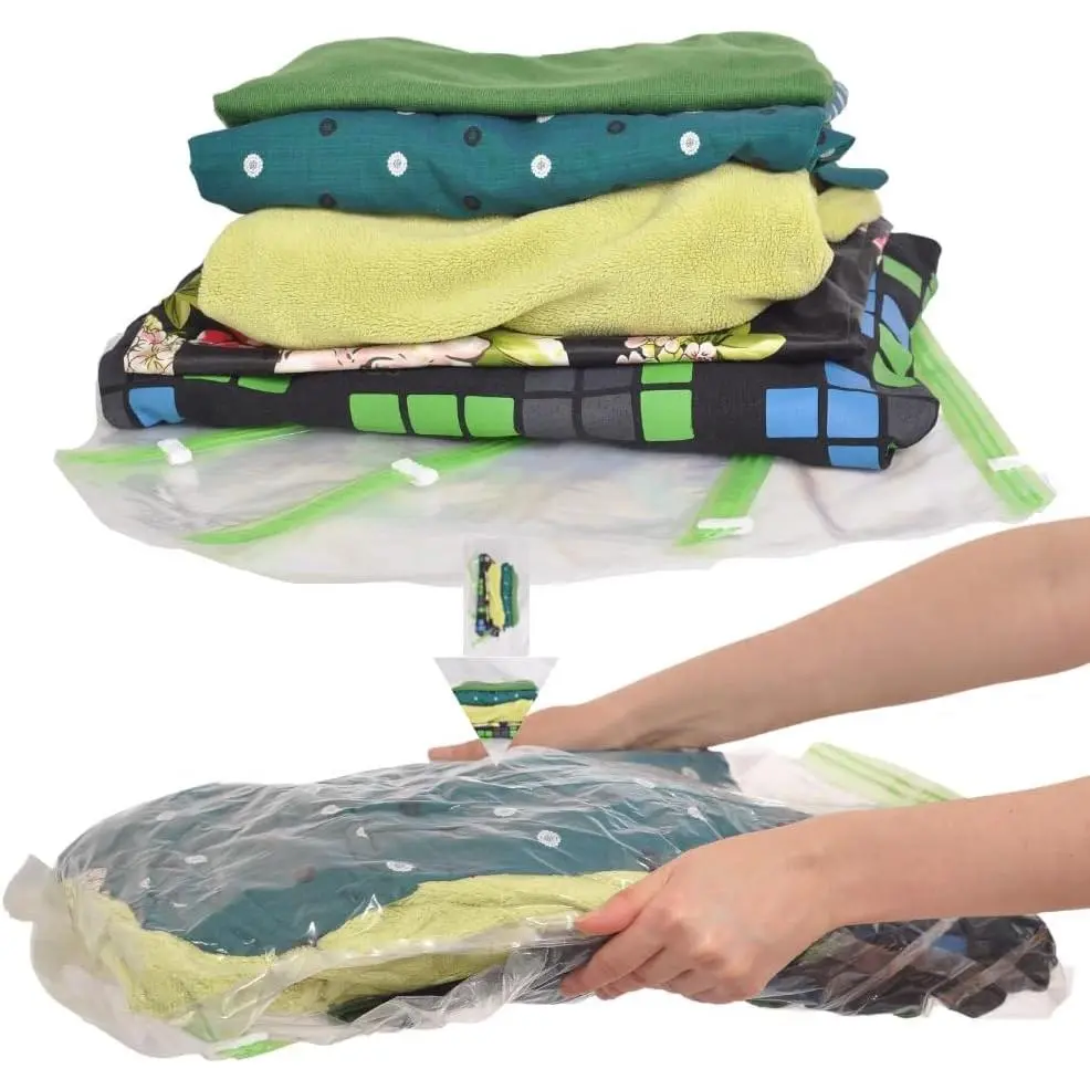 Travel Space Saver Bags - No Vacuum or Pump - for Clothes - Reusable - Luggage Compression - Set of 4 L and 4 M Sacks - Transparent