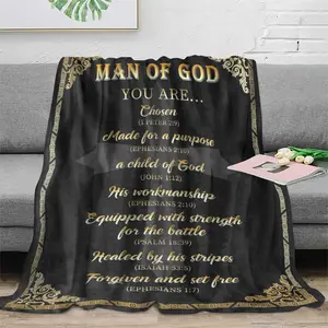 Man of God Bible Verse Flannel Blanket, 280GSM Wrinkle-Resistant Durable Fade-Resistant Machine-Washable Print Blanket, Christian Faith Gift for Men, Religious Throw for Husband-Pastor