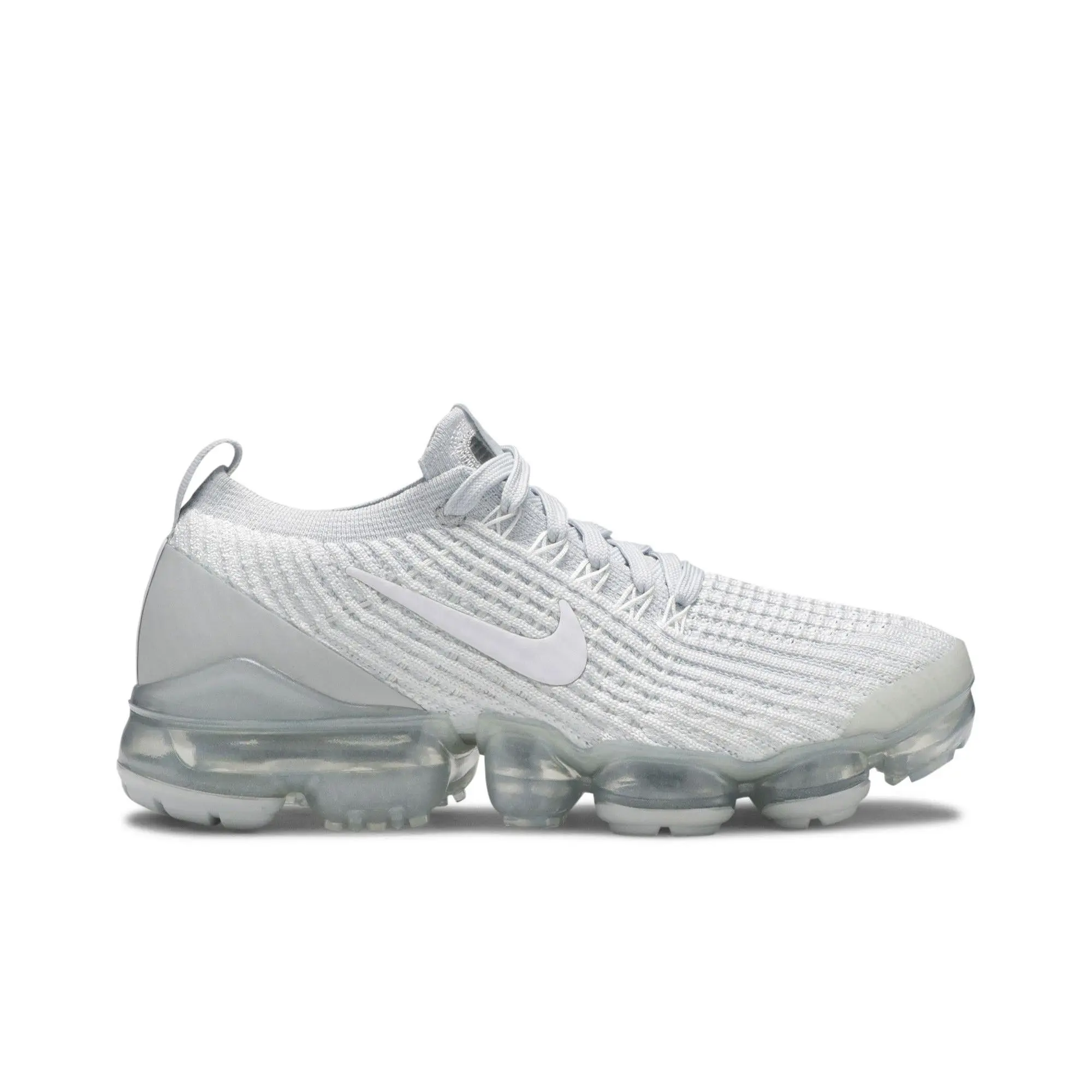 Nike Women's Air VaporMax Flyknit 3 'Pure Platinum' Low Top Running Shoes, Breathable Knit Mesh Upper, Female Size White/White-Pure Platinum-Metallic Silver, Style AJ6910 100