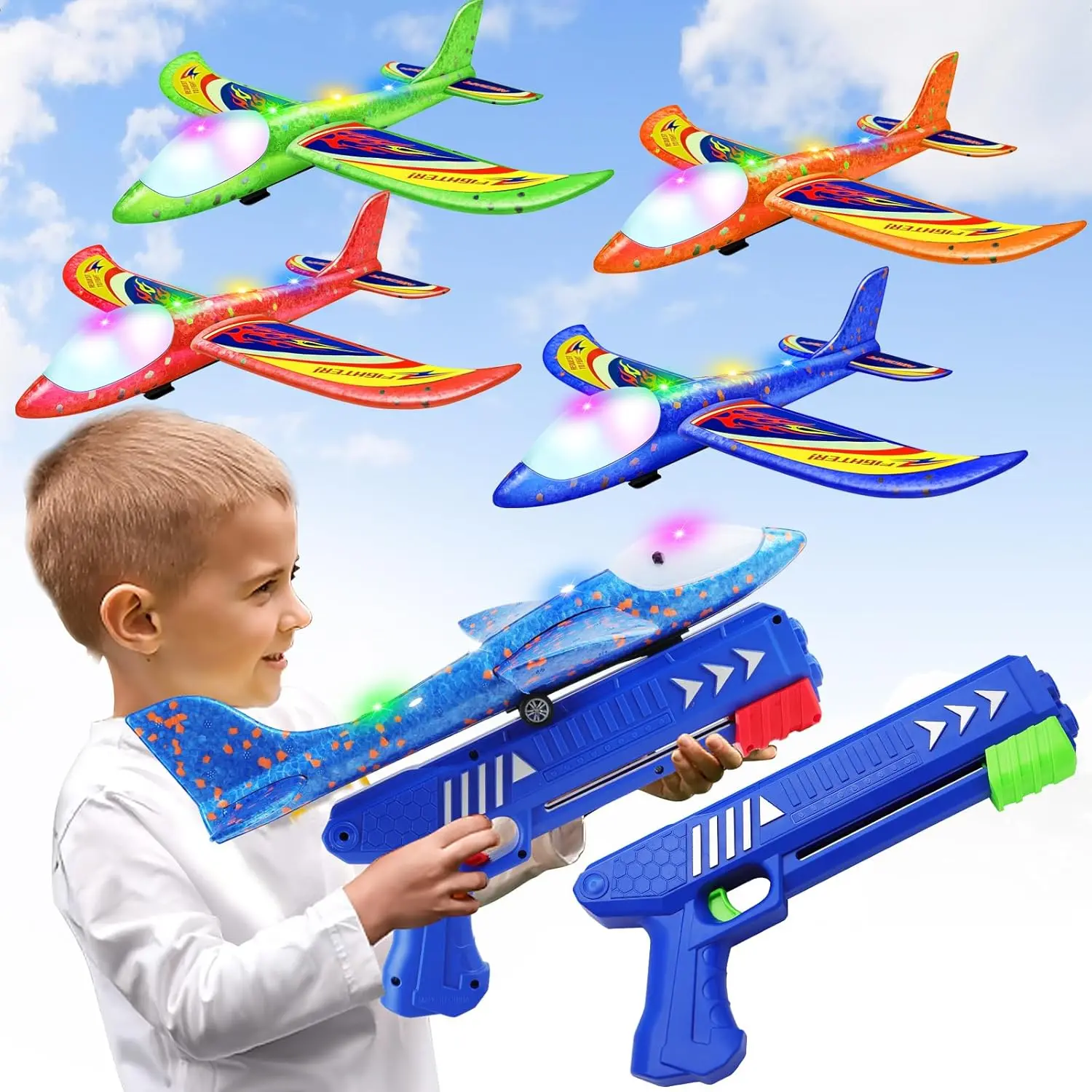 4 Pack Airplane Launcher Toys, 2 Flight Modes LED Foam Glider Catapult Plane Toy for Boys, Outdoor Flying Toys Birthday Gifts for Boys Girls 4 5 6 7 8 9 10 11 12 Year Oldfidget toys