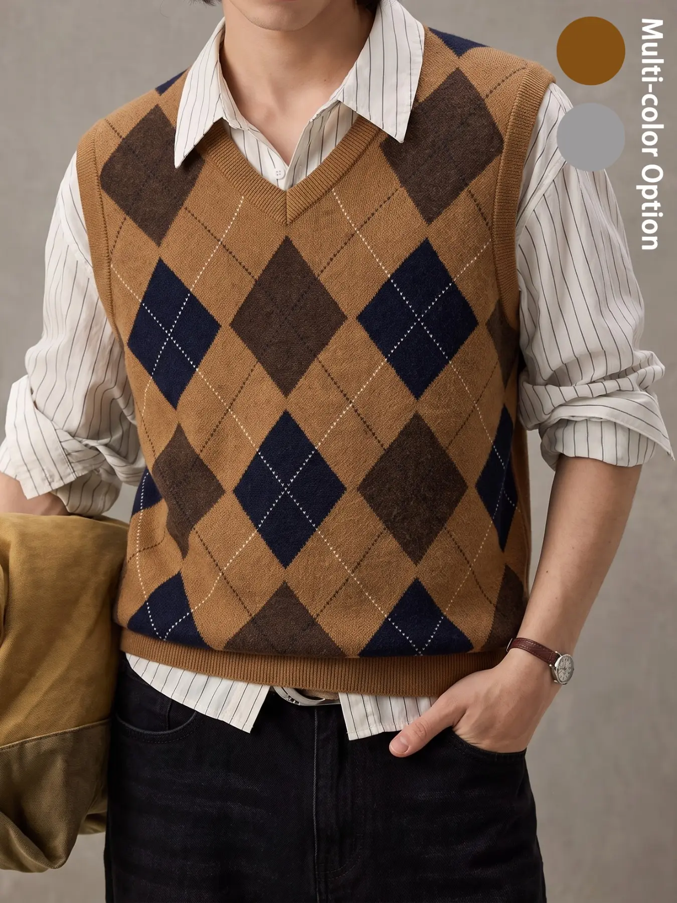 Men's Argyle Sweater Vest V Neck, Vintage Preppy Knit Vest for Men Women, Korean Fashion Harajuku Diamond Plaid Waistcoat, Retro Y2K Sleeveless Knitwear Pullover, Old Money Golf Tennis College Style, Fall Winter Soft Loose Top, Grey & Camel Brow