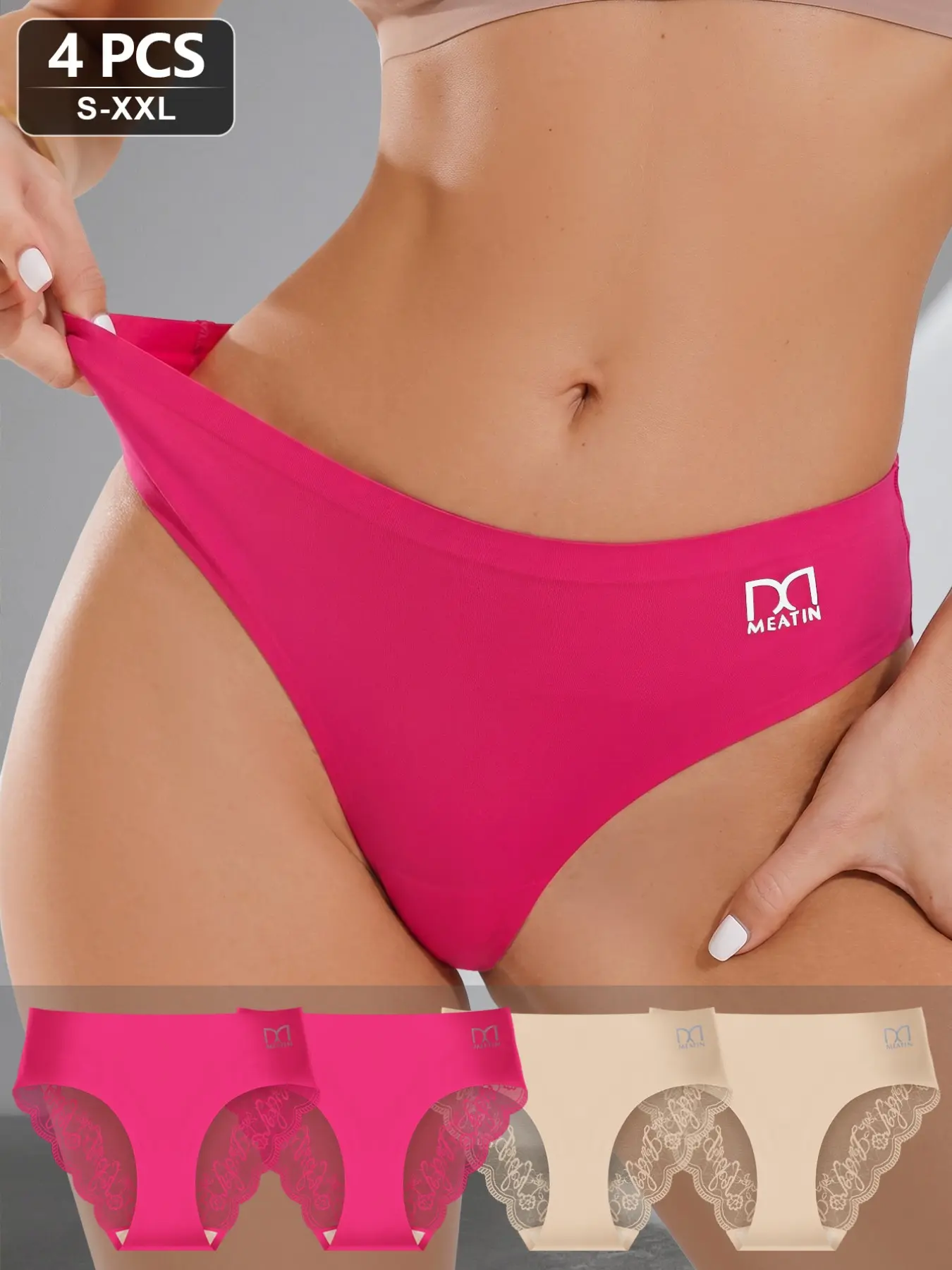 4-Pack Bikini Underwear Set, Sexy Back Lace Trim, High Waist Loose Fit, Casual All-Seasons Wear, Perfect for Date Nights
