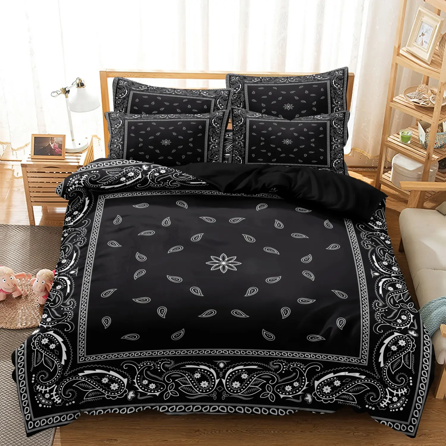  3Pcs Classic Paisley Print Duvet Cover Set, Black White Square Vintage Bohemia Floral Streetwear Pattern Bedding, Perfect Gift For  Lovers, Machine Washable Soft Breathable Bedding Linen (1 Duvet Cover + 2 Pillowcases, No Comforter No Pillow)