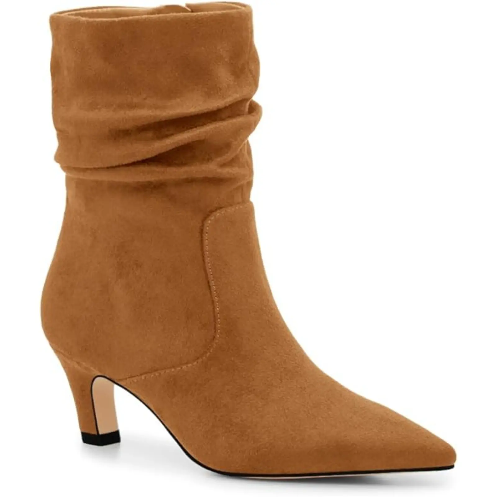 Coutgo Women's Ankle Booties, Casual Slouchy Faux Leather Pointed Toe Shoes with a Low Kitten Heel and Side Zipper, Plain, Ankle Height, Casual Basic, Low Heel, Rubber Sole, Kitten Heels, Synthetic