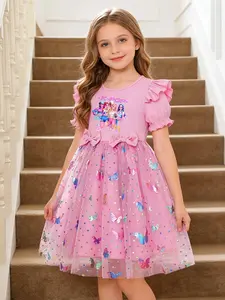 Summer Striped Sleeveless Girl Dress, Idol Group Print, 3D Butterfly Sequins, Mesh Princess Tutu, Perfect for Photoshoots and Birthdays