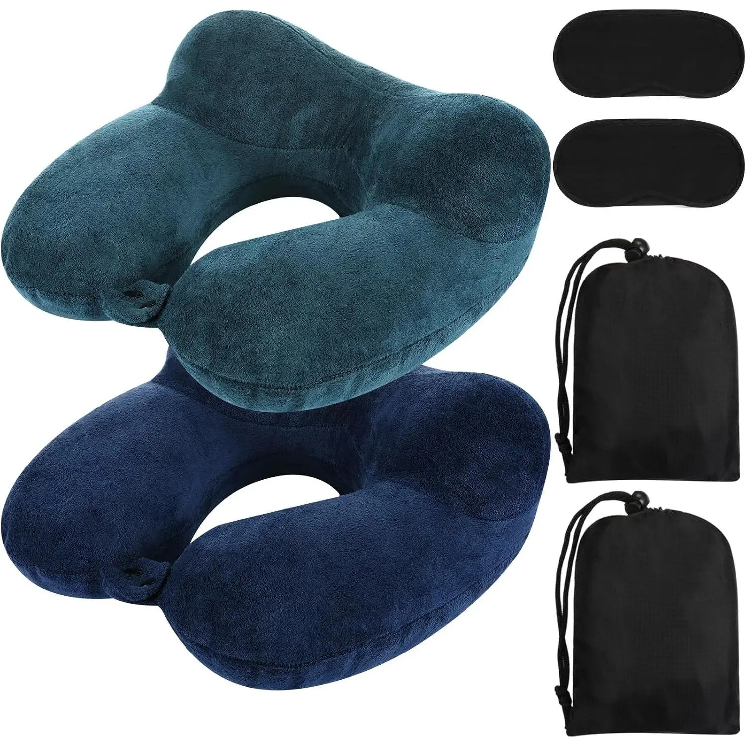 2 Pack Inflatable Travel Pillow for Airplanes Inflatable Neck Flight Pillows with Compact Bag and Blindfold for Traveling, Airplane, Train, Car, Office(Peacock Green and Blue)