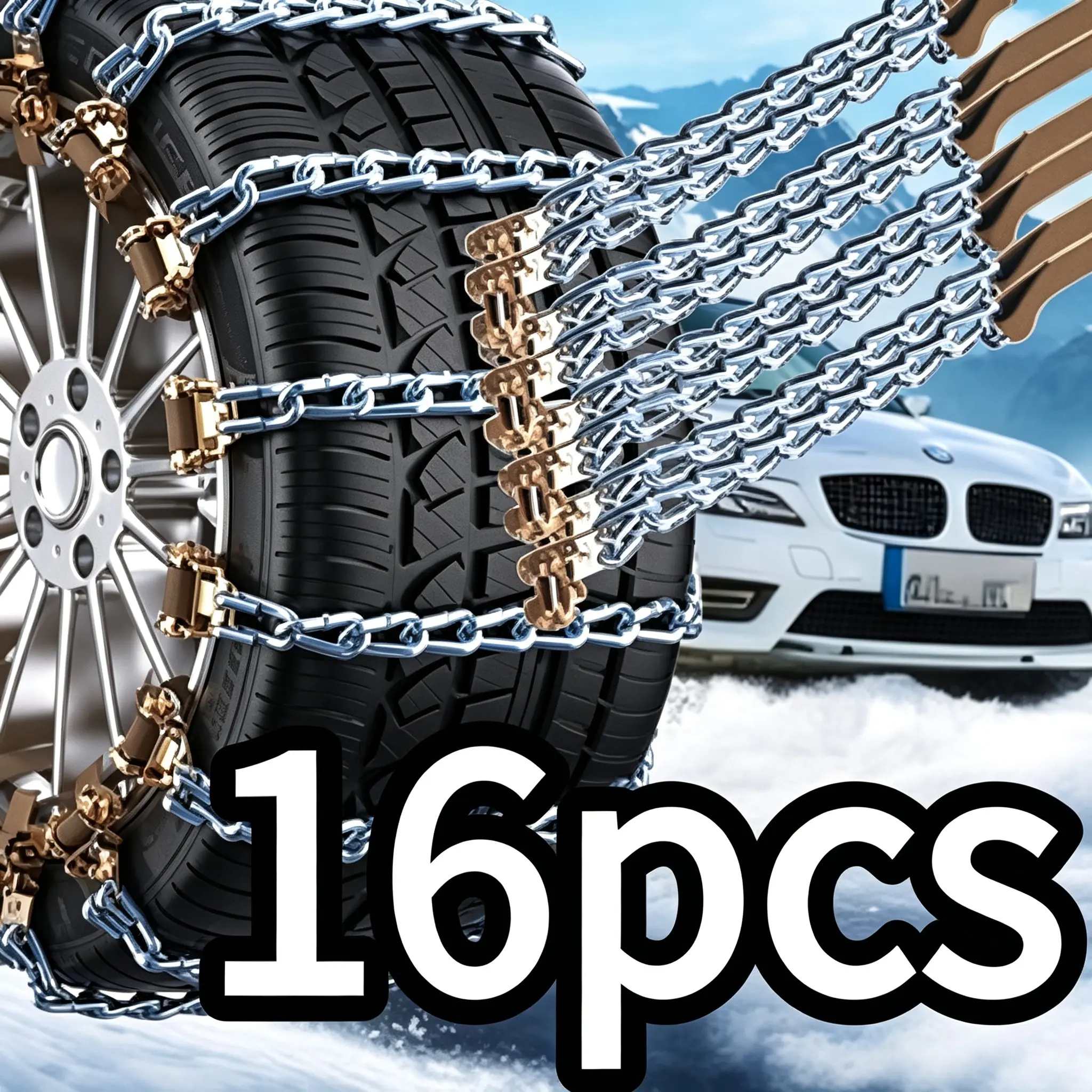 16-Pack Steel Tire Chains for All Cars, Snow Traction, Hill Climbing, Desert Terrain, Winter Driving Safety Gear